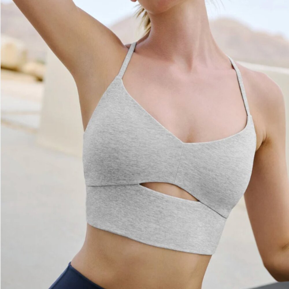Alo Yoga Alosoft Highlight Bra Heather Gray Cutout Strappy Back
